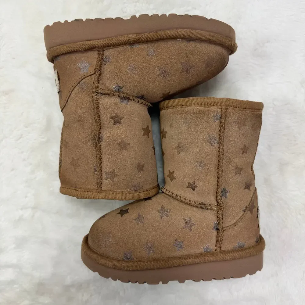 UGG Kids Classic Short II Stars Brown Suede Shearling Winter Boots Size 7
